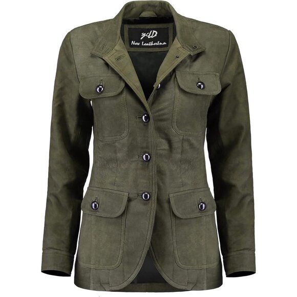 ✨Women Green 5-Button Four Pocket Double Slit Blazer Cuff Sleeves Leather Jacket